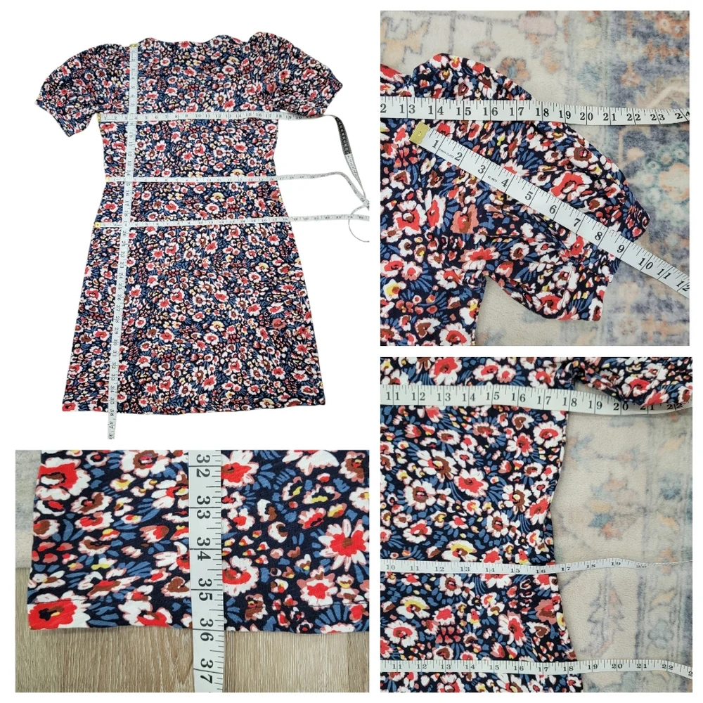 Boden V-neck Floral Mini Dress Cotton Short Puff Sleeves  Blue Red Women’s 8L - Picture 15 of 17